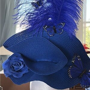 Royal Blue Asymmetrical Hat with Feather and Rose